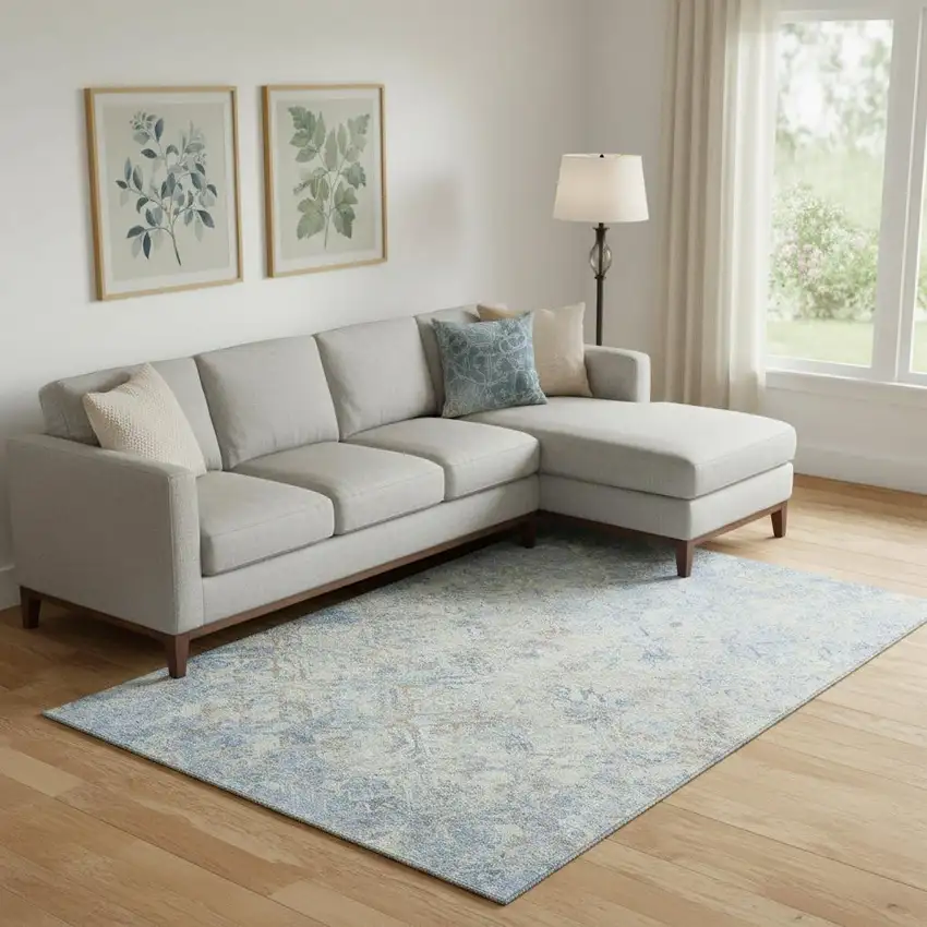 Sky Blue Gray And Ivory Diamond Washable Area Rug With UV Protection Photo 1
