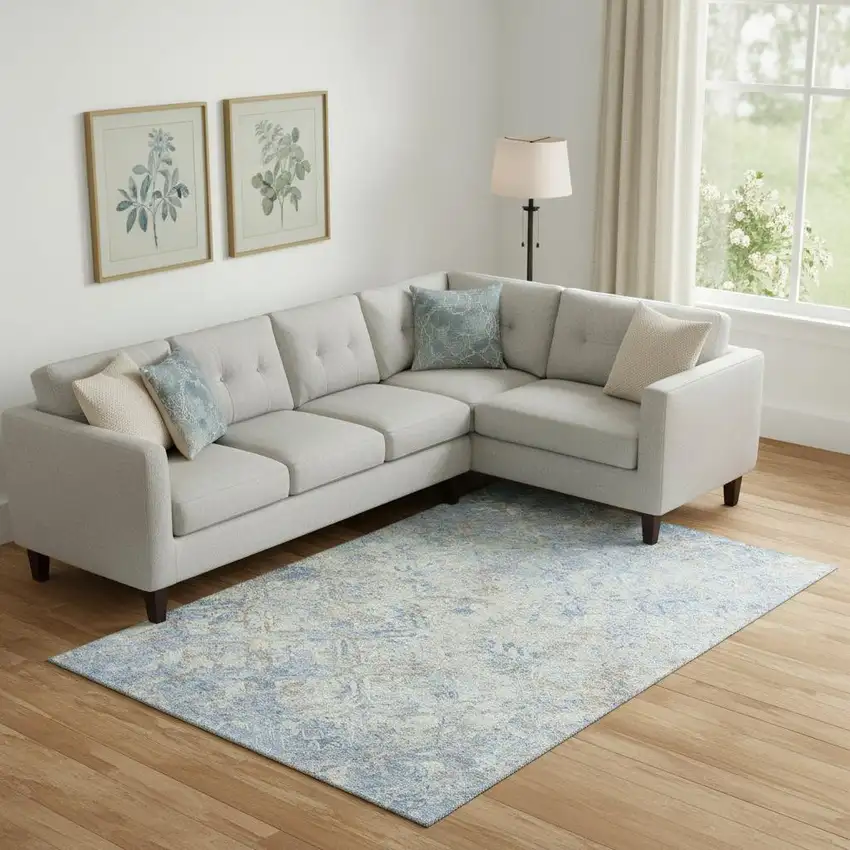 Sky Blue Gray And Ivory Diamond Washable Area Rug With UV Protection Photo 1