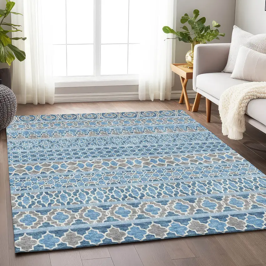 Sky Blue Gray And Ivory Ikat Washable Area Rug With UV Protection Photo 5