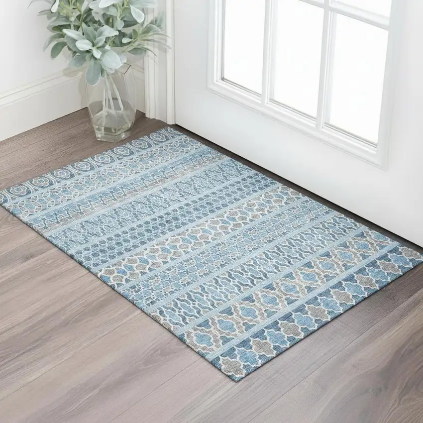 Sky Blue Gray And Ivory Ikat Washable Area Rug With UV Protection Photo 2