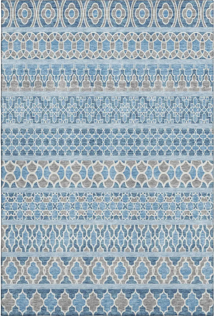 Sky Blue Gray And Ivory Ikat Washable Area Rug With UV Protection Photo 1