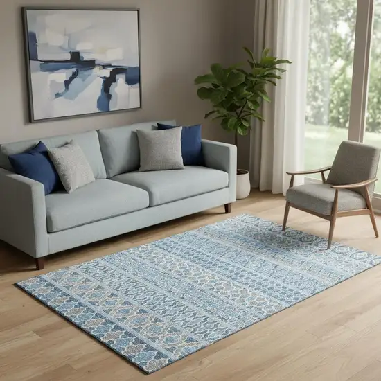 Sky Blue Gray And Ivory Ikat Washable Area Rug With UV Protection Photo 1