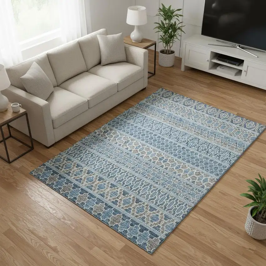 Sky Blue Gray And Ivory Ikat Washable Area Rug With UV Protection Photo 2