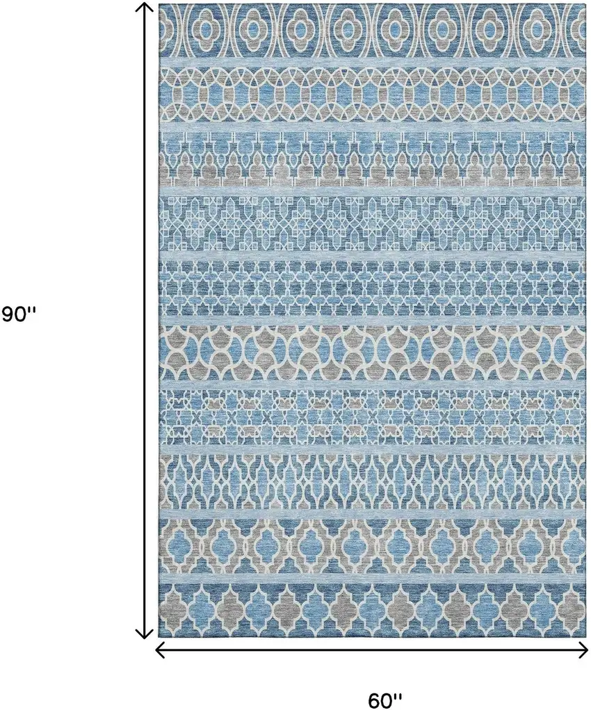 Sky Blue Gray And Ivory Ikat Washable Area Rug With UV Protection Photo 3