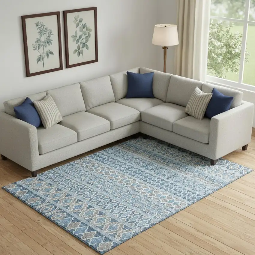 Sky Blue Gray And Ivory Ikat Washable Area Rug With UV Protection Photo 1