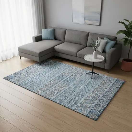 Sky Blue Gray And Ivory Ikat Washable Area Rug With UV Protection Photo 2