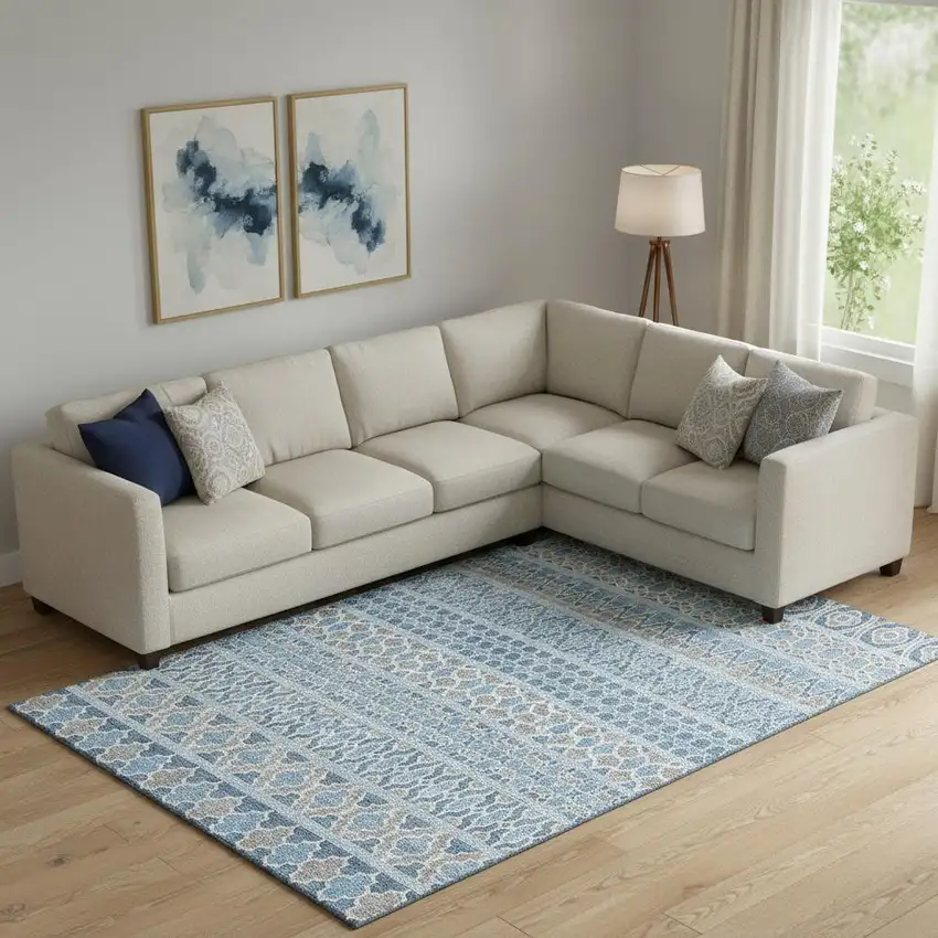 Sky Blue Gray And Ivory Ikat Washable Area Rug With UV Protection Photo 1