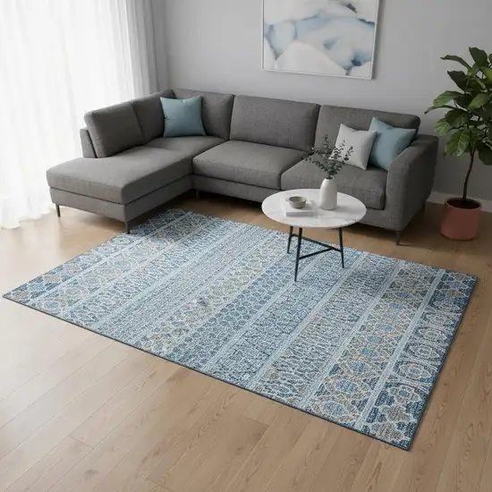 Sky Blue Gray And Ivory Ikat Washable Area Rug With UV Protection Photo 2