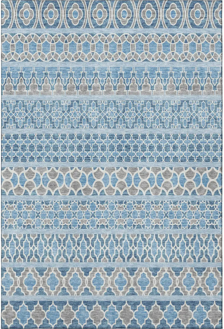 Sky Blue Gray And Ivory Ikat Washable Area Rug With UV Protection Photo 4
