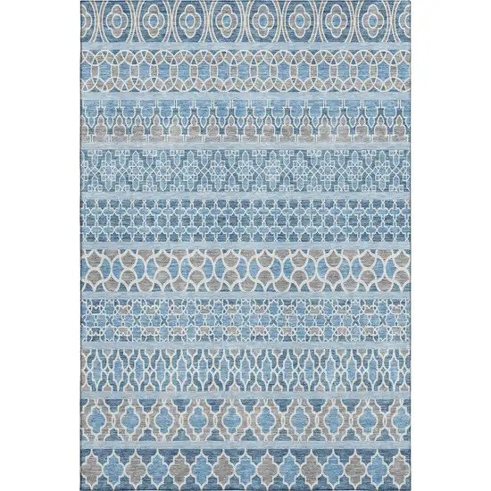 Sky Blue Gray And Ivory Ikat Washable Area Rug With UV Protection Photo 1