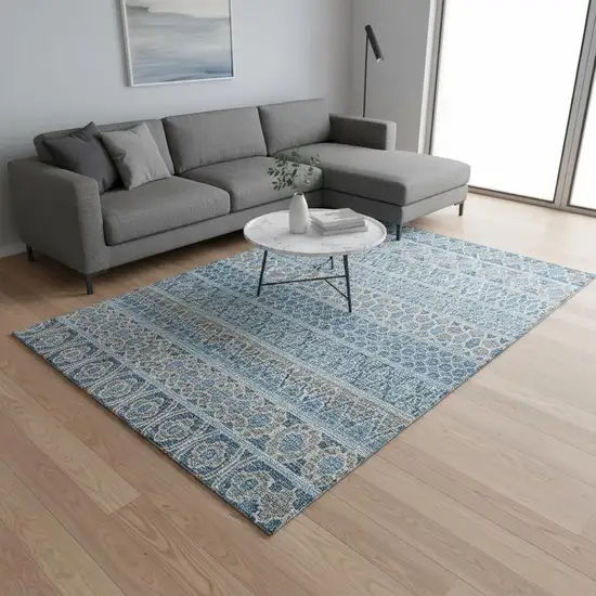 Sky Blue Gray And Ivory Ikat Washable Area Rug With UV Protection Photo 2