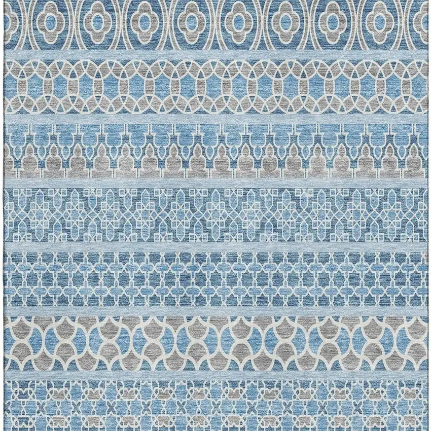 Sky Blue Gray And Ivory Ikat Washable Area Rug With UV Protection Photo 3