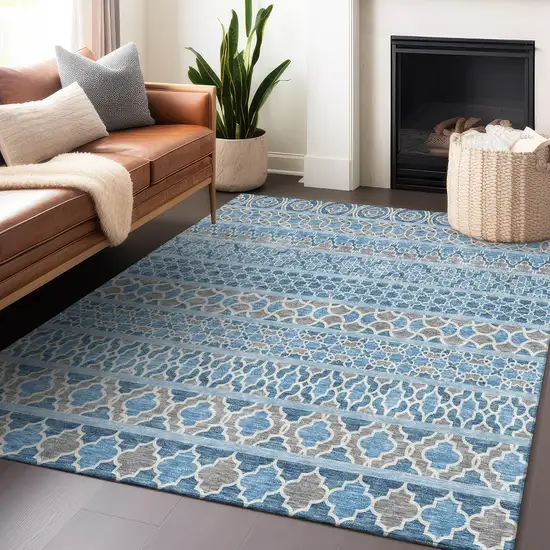 Sky Blue Gray And Ivory Ikat Washable Area Rug With UV Protection Photo 6