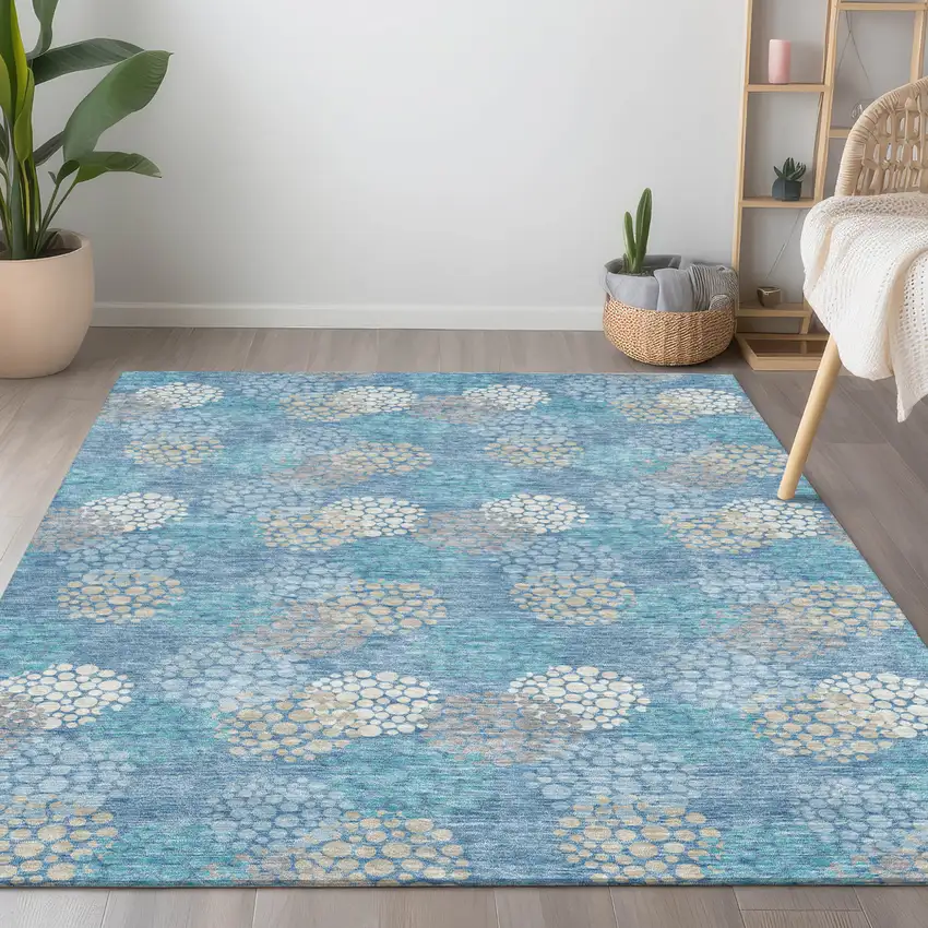 Sky Blue Gray And Ivory Polka Dot Washable Indoor Outdoor Area Rug Photo 9