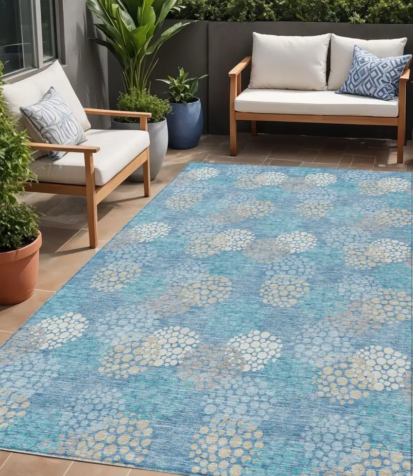 Sky Blue Gray And Ivory Polka Dot Washable Indoor Outdoor Area Rug Photo 1
