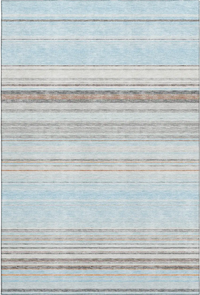 Sky Blue Gray And Ivory Striped Washable Area Rug With UV Protection Photo 1