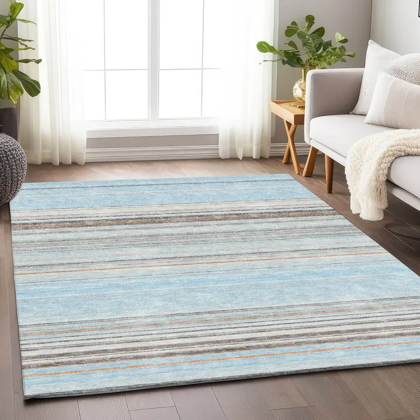 Sky Blue Gray And Ivory Striped Washable Area Rug With UV Protection Photo 3