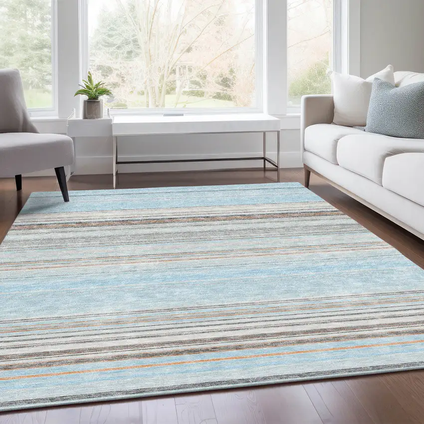 Sky Blue Gray And Ivory Striped Washable Area Rug With UV Protection Photo 4