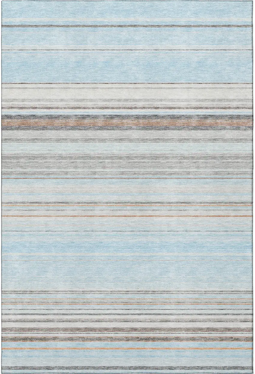 Sky Blue Gray And Ivory Striped Washable Area Rug With UV Protection Photo 3