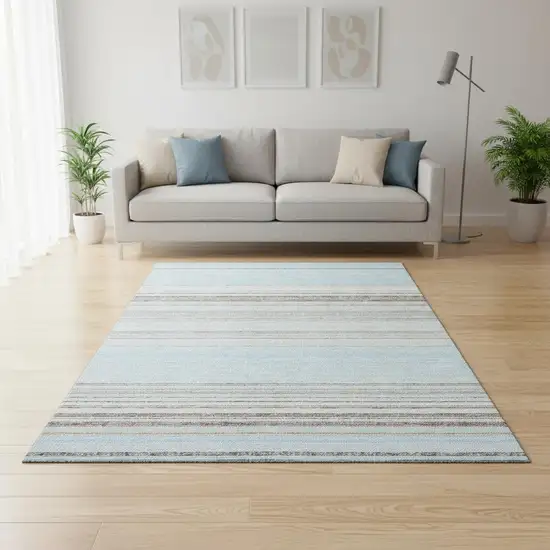 Sky Blue Gray And Ivory Striped Washable Area Rug With UV Protection Photo 2