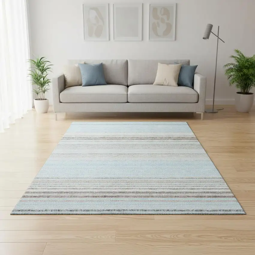 Sky Blue Gray And Ivory Striped Washable Area Rug With UV Protection Photo 2