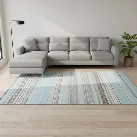 Sky Blue Gray And Ivory Striped Washable Area Rug With UV Protection Photo 2