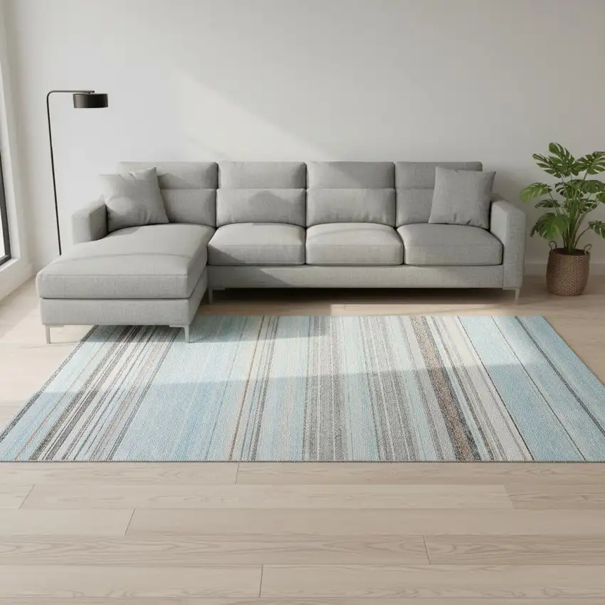 Sky Blue Gray And Ivory Striped Washable Area Rug With UV Protection Photo 2