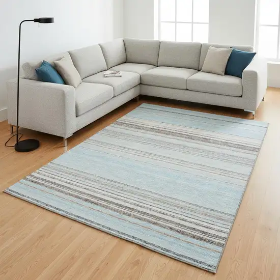 Sky Blue Gray And Ivory Striped Washable Area Rug With UV Protection Photo 2