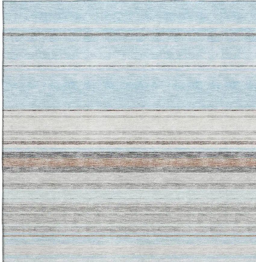 Sky Blue Gray And Ivory Striped Washable Area Rug With UV Protection Photo 2