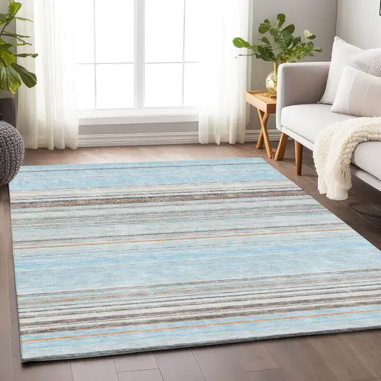 Sky Blue Gray And Ivory Striped Washable Area Rug With UV Protection Photo 4