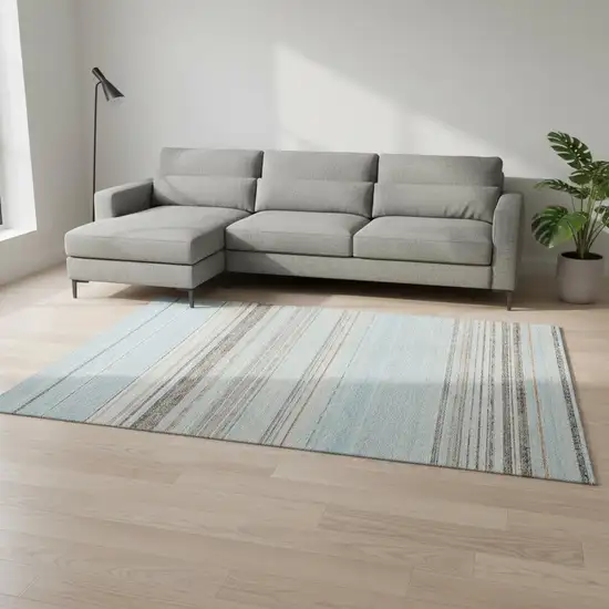 Sky Blue Gray And Ivory Striped Washable Area Rug With UV Protection Photo 2