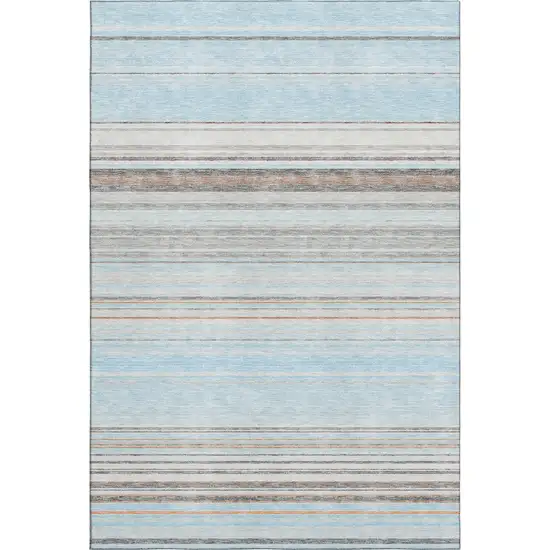 Sky Blue Gray And Ivory Striped Washable Area Rug With UV Protection Photo 1