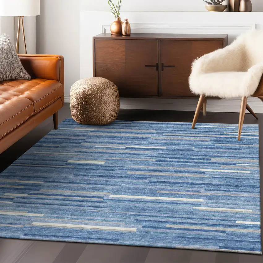 Sky Blue Gray And Ivory Striped Washable Indoor Outdoor Area Rug Photo 9