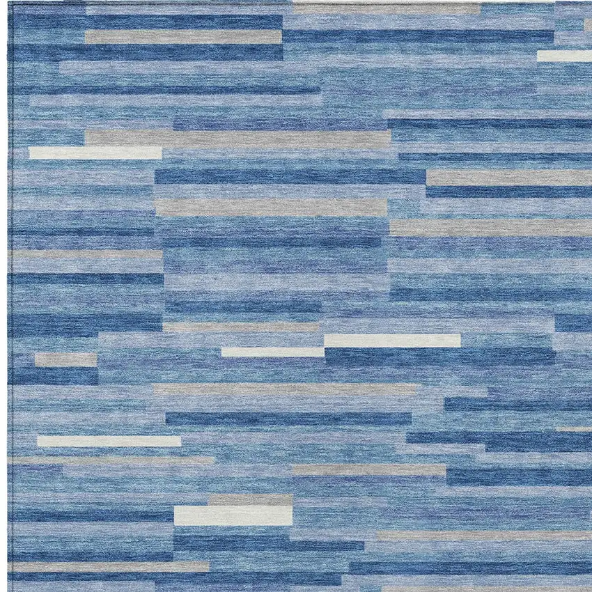 Sky Blue Gray And Ivory Striped Washable Indoor Outdoor Area Rug Photo 6