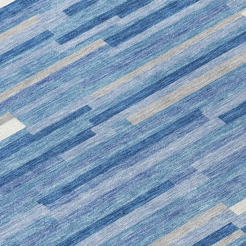 Sky Blue Gray And Ivory Striped Washable Indoor Outdoor Area Rug Photo 8