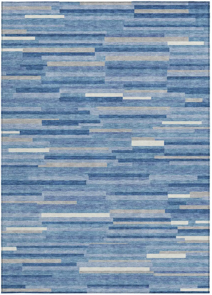Sky Blue Gray And Ivory Striped Washable Indoor Outdoor Area Rug Photo 7