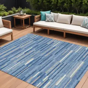 Photo of Sky Blue Gray And Ivory Striped Washable Indoor Outdoor Area Rug