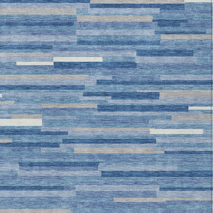 Sky Blue Gray And Ivory Striped Washable Indoor Outdoor Area Rug Photo 6