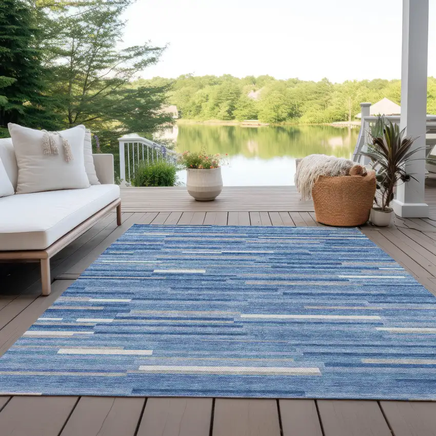 Sky Blue Gray And Ivory Striped Washable Indoor Outdoor Area Rug Photo 8
