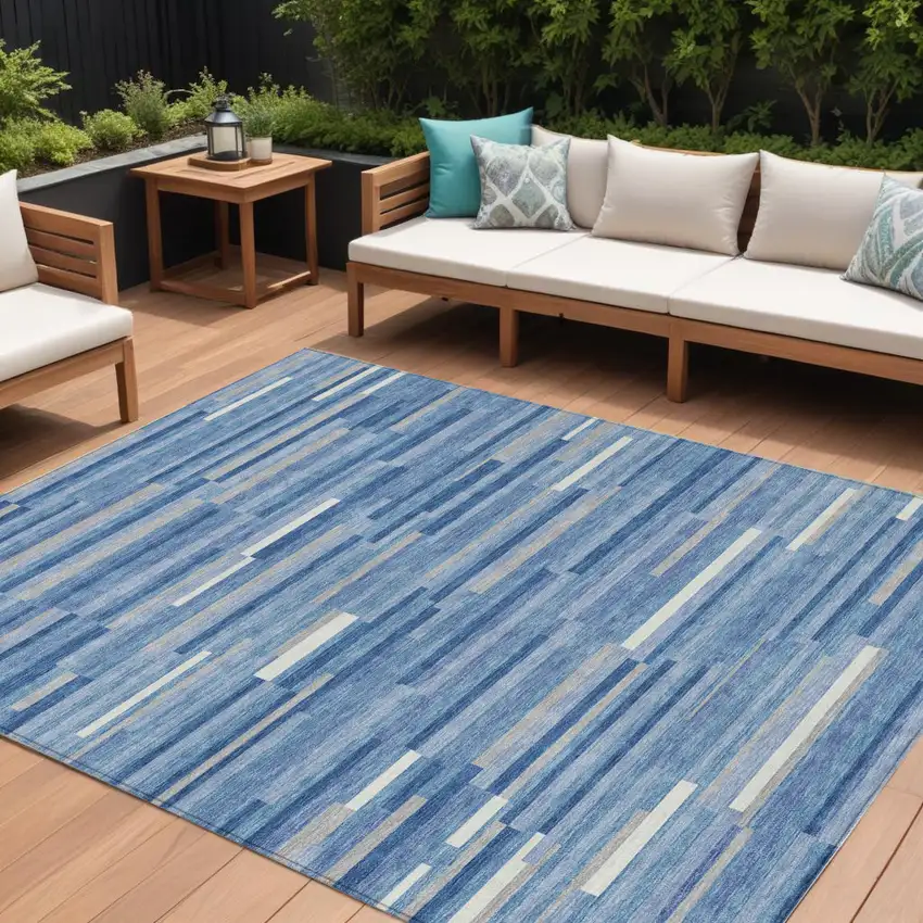 Sky Blue Gray And Ivory Striped Washable Indoor Outdoor Area Rug Photo 1