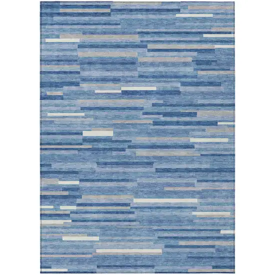 Sky Blue Gray And Ivory Striped Washable Indoor Outdoor Area Rug Photo 2