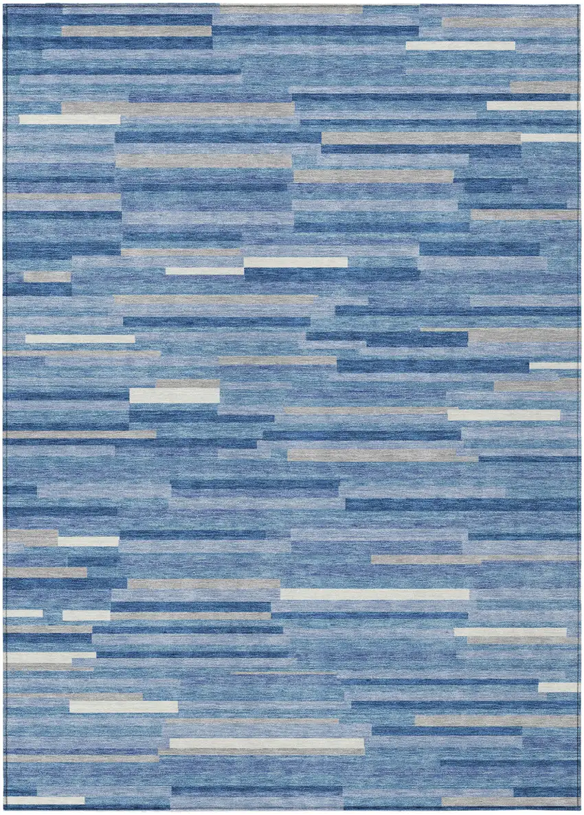 Sky Blue Gray And Ivory Striped Washable Indoor Outdoor Area Rug Photo 2