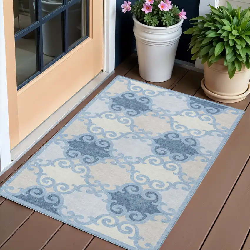 Sky Blue Gray And Ivory Trellis Washable Indoor Outdoor Area Rug Photo 1