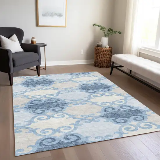 Sky Blue Gray And Ivory Trellis Washable Indoor Outdoor Area Rug Photo 9