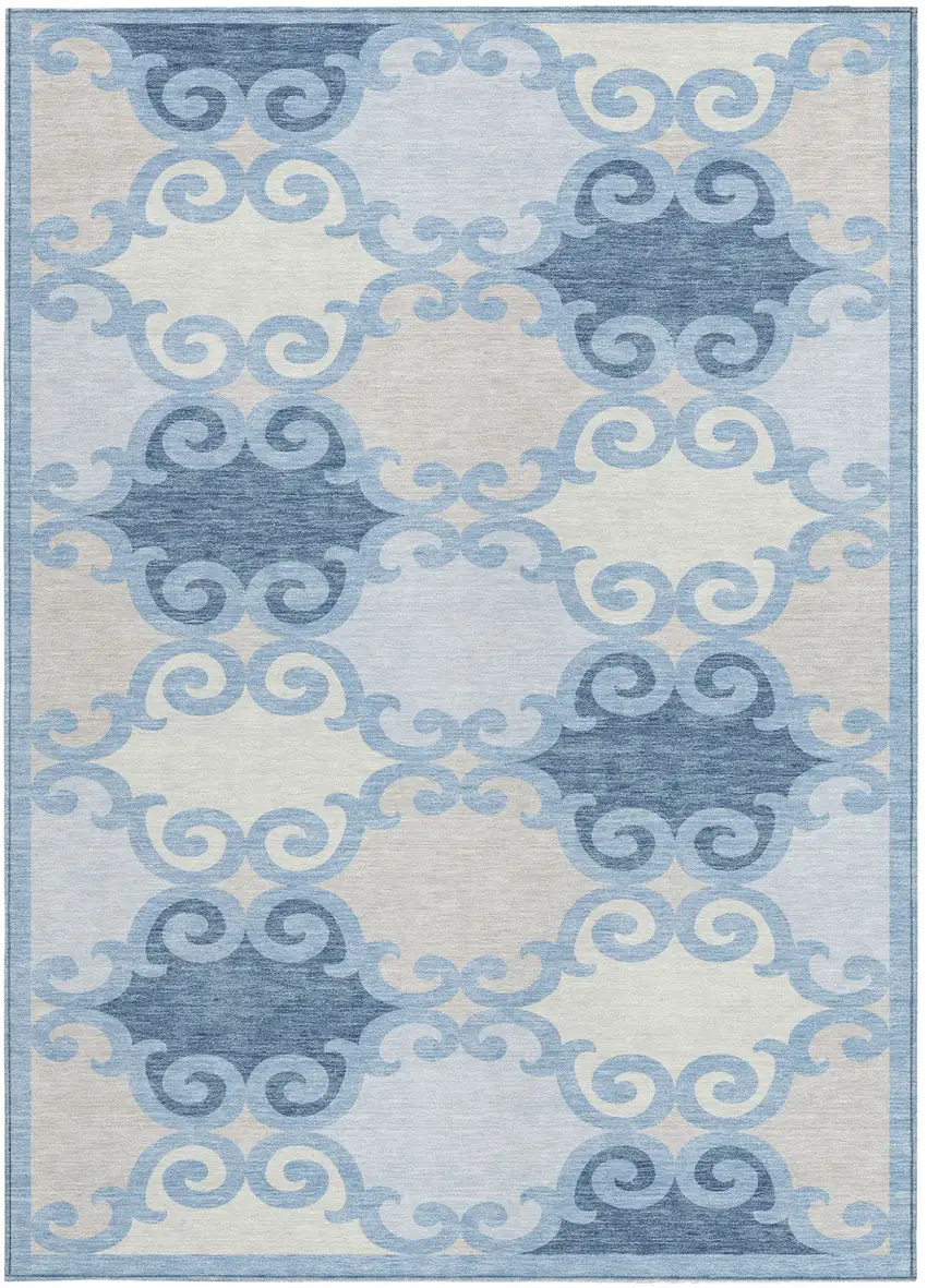 Sky Blue Gray And Ivory Trellis Washable Indoor Outdoor Area Rug Photo 7