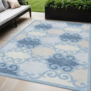 Photo of Sky Blue Gray And Ivory Trellis Washable Indoor Outdoor Area Rug