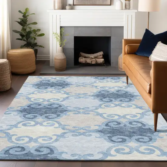 Sky Blue Gray And Ivory Trellis Washable Indoor Outdoor Area Rug Photo 9