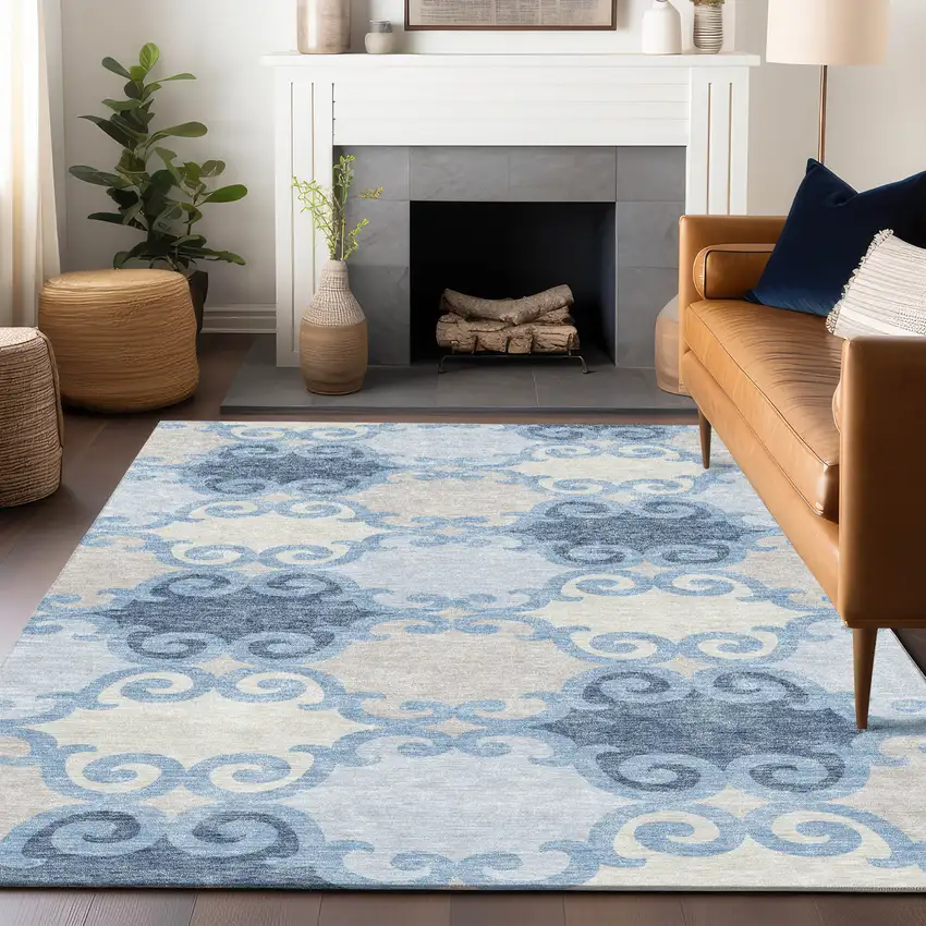 Sky Blue Gray And Ivory Trellis Washable Indoor Outdoor Area Rug Photo 9