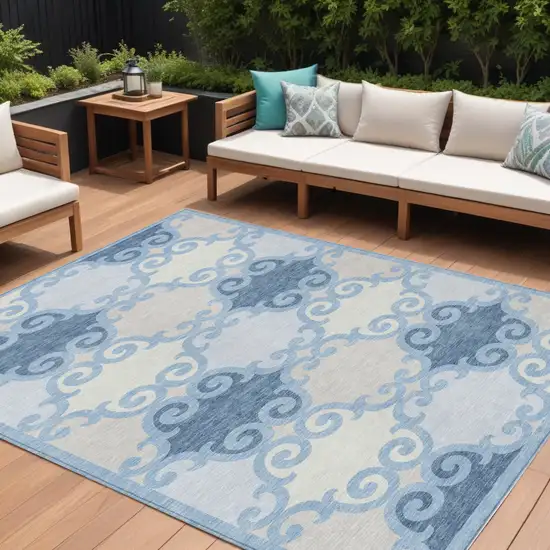 Sky Blue Gray And Ivory Trellis Washable Indoor Outdoor Area Rug Photo 1