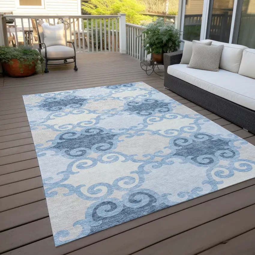 Sky Blue Gray And Ivory Trellis Washable Indoor Outdoor Area Rug Photo 8